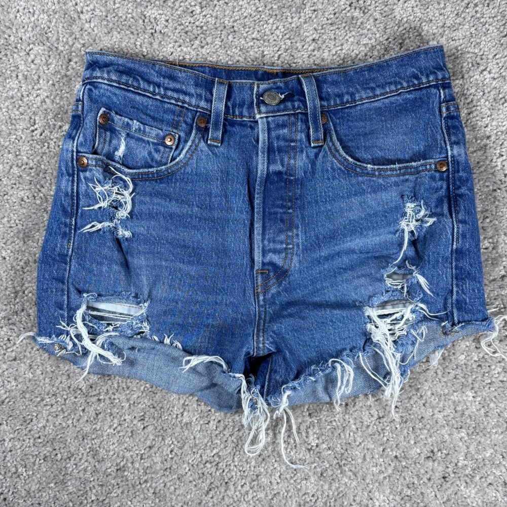 Levis Premium 501s Denim Shorts Womens 27 Distressed Button Fly Blue
